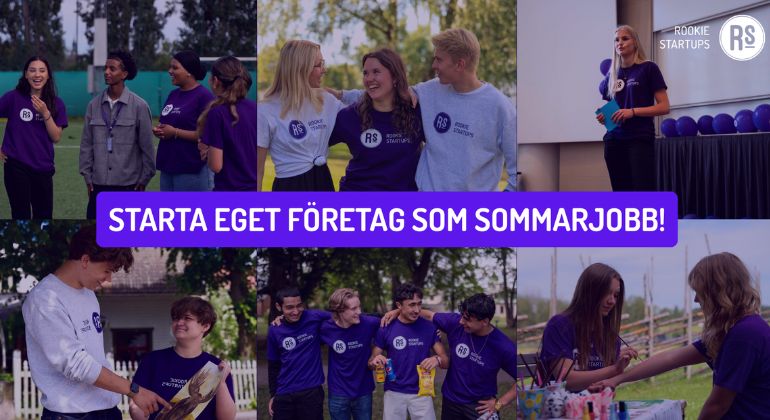 Kollage med glada ungdomar som driver företag. Text i bilden: “Starta eget företag som sommarjobb