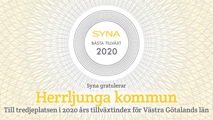 På illustrationen står det att syna gratulerar Herrljunga kommun till tredje platsen i 2020 års tillväxtindex för Västra Götalands län.