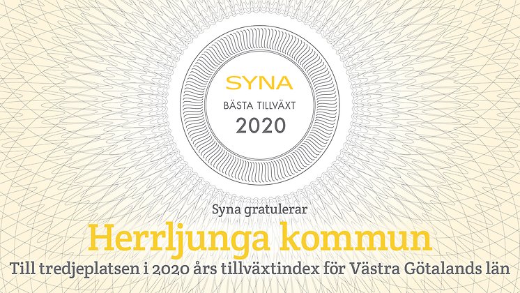 På illustrationen står det att syna gratulerar Herrljunga kommun till tredje platsen i 2020 års tillväxtindex för Västra Götalands län. 