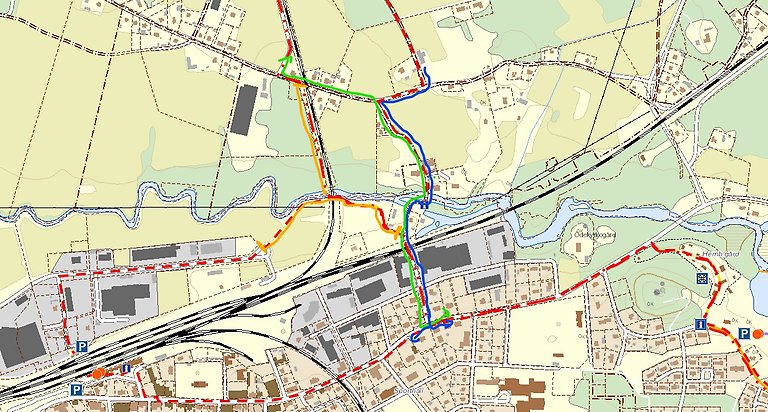 Karta visar alternativ dragning under tiden arbete med Järnvägsbro pågår.